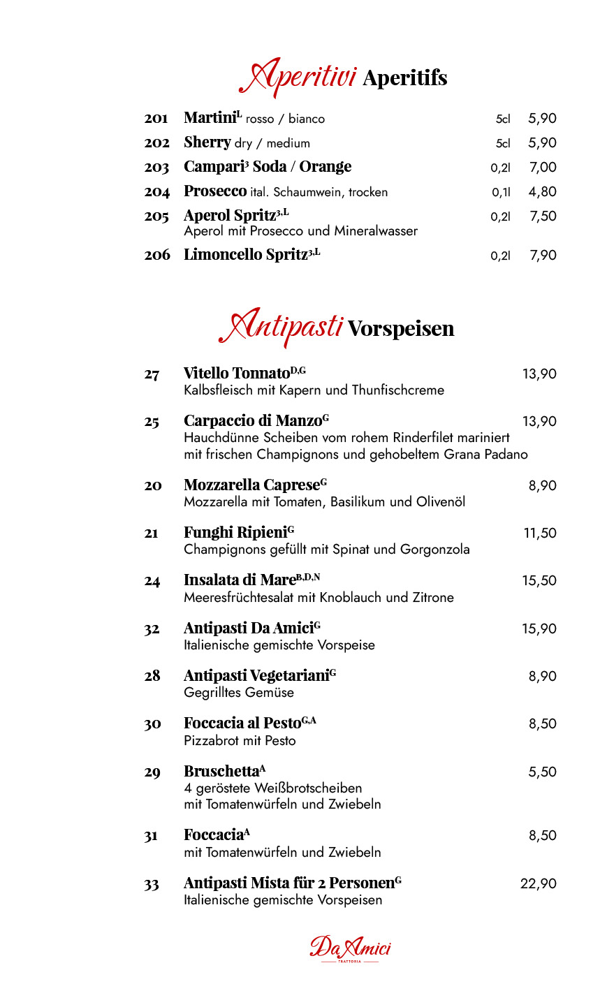 Trattoria Da Amici Glindow - Werder (Havel) Speisekarte